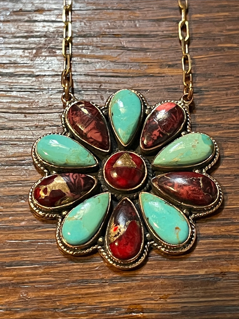 Turquoise & Red Rose Dahlia Teardrop Flower Pendant Necklace - Women Jewelry